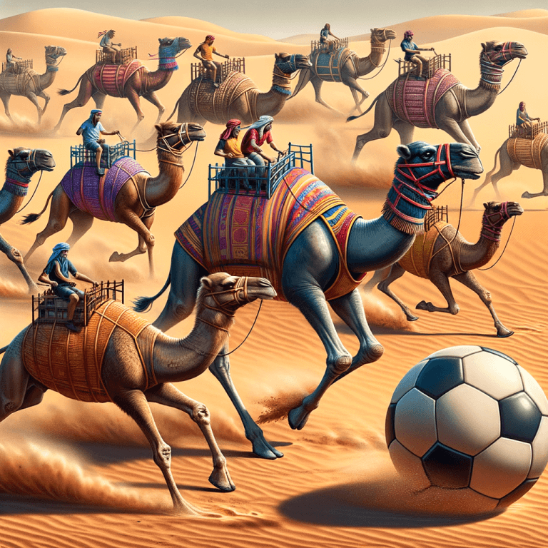 Camellos jugando fútbol en un campo de arena desértica