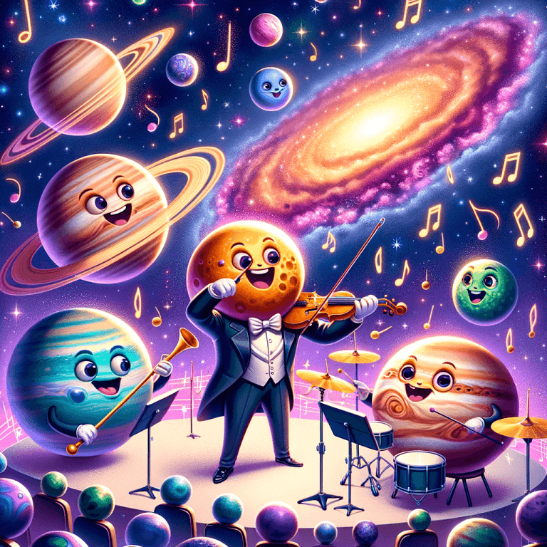 Planetas girando con notas musicales flotando en el espacio estrellado