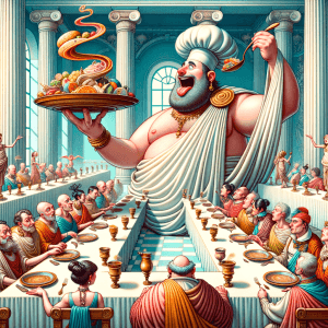Chef romano presentando un banquete imaginario en una mesa vacía