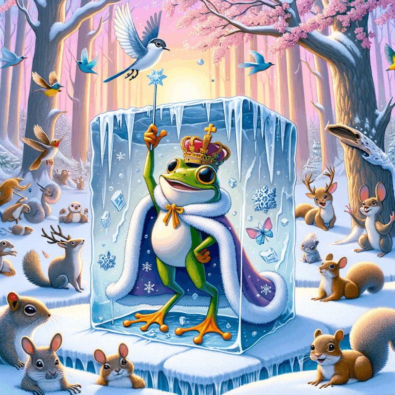 Rana congelada en hielo comenzando a descongelarse en un entorno natural