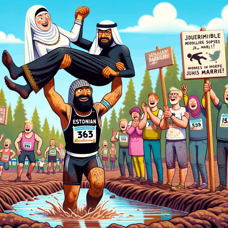 Hombre corriendo con su esposa a cuestas en una competencia al aire libre