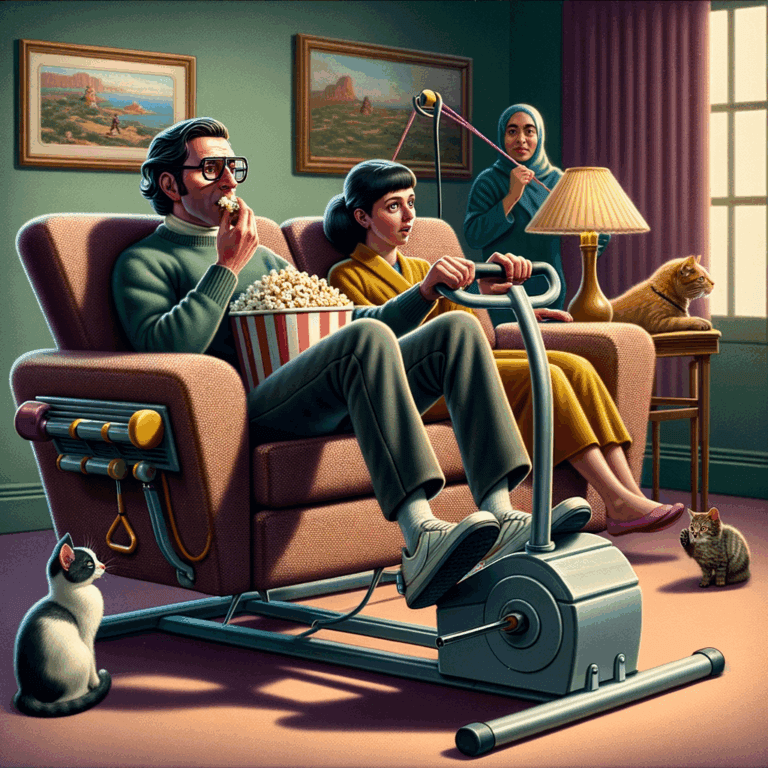 Sofá gimnástico: cuando la lucha entre maratón de series y maratón real se resolvía con un pedaleo oculto. 🛋️💪📺