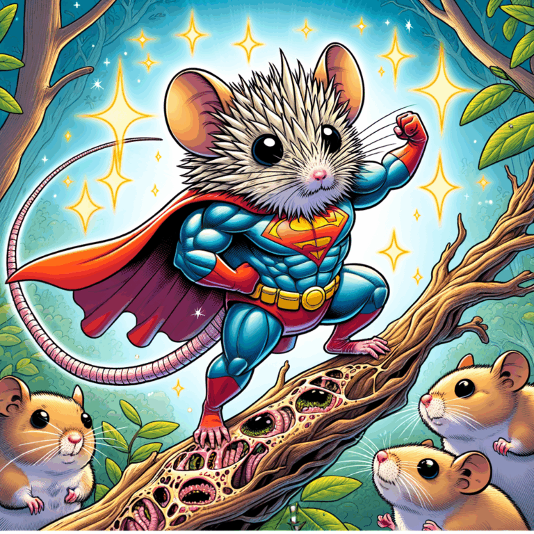 Ratón con capa de superhéroe rodeado de células regenerándose
