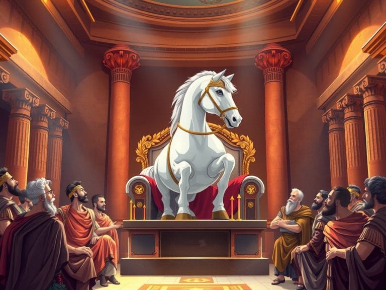 Caballo con toga y corona de laurel en un antiguo senado romano