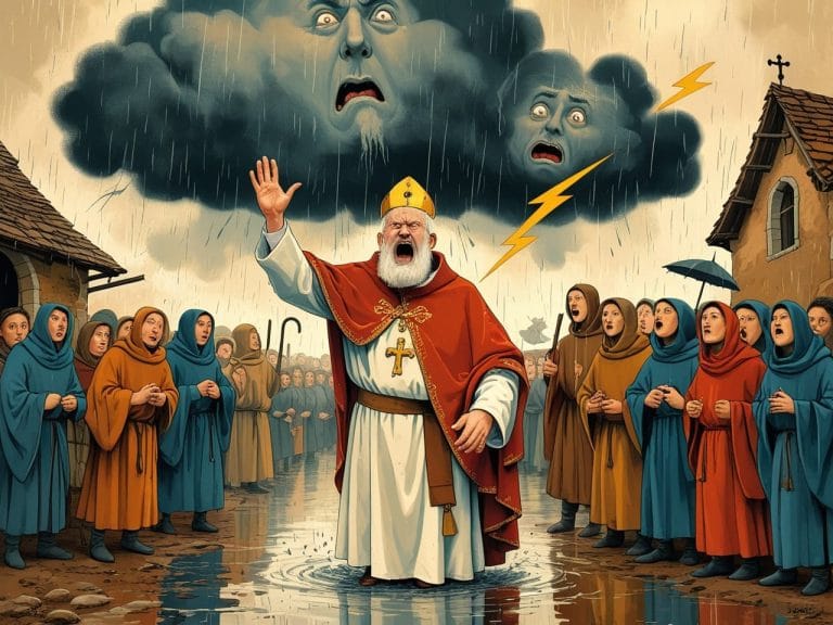 Papa señalando una nube oscura con gesto de excomunión en una plaza llena de fieles
