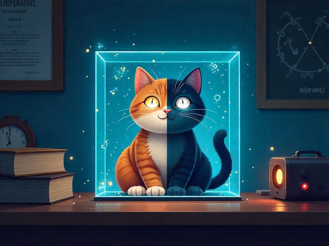 Gato sentado dentro de una caja rodeada de símbolos cuánticos flotantes