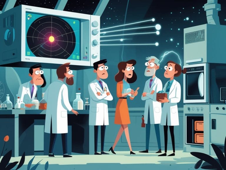 La señal del espacio que hizo pensar en extraterrestres… y resultó ser una microonda 1 Científico confundido observando una antena parabólica junto a un microondas abierto