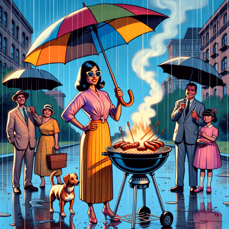 Paraguas-barbacoa: porque asar salchichas bajo la lluvia convierte cualquier picnic en una aventura gastronómica y meteorológica. 🌧️🔥🍔