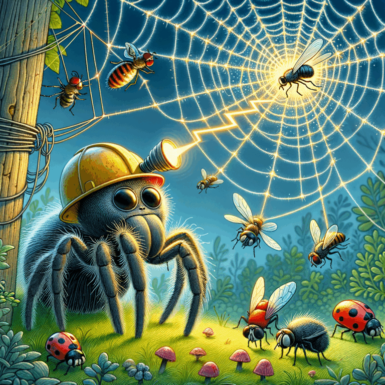Araña Uloborus tejiendo una telaraña con destellos eléctricos visibles