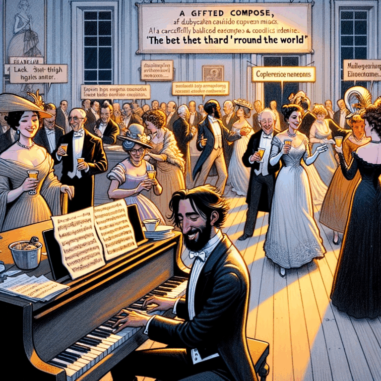 Compositor tocando un piano desafinado en una fiesta elegante mientras invitados observan