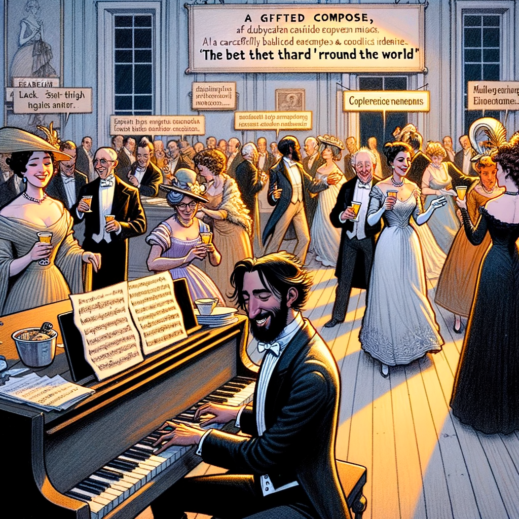 Compositor tocando un piano desafinado en una fiesta elegante mientras invitados observan