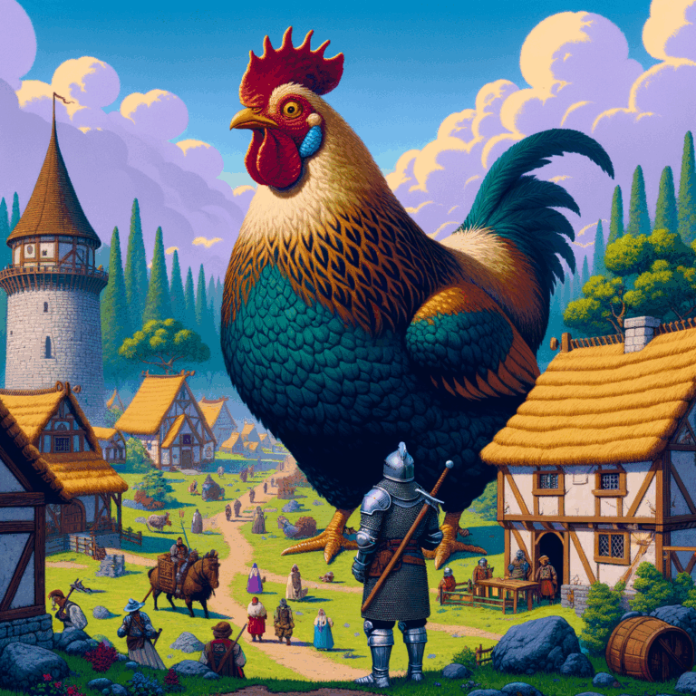 Gallina gigante en un paisaje de Skyrim junto a un personaje del juego
