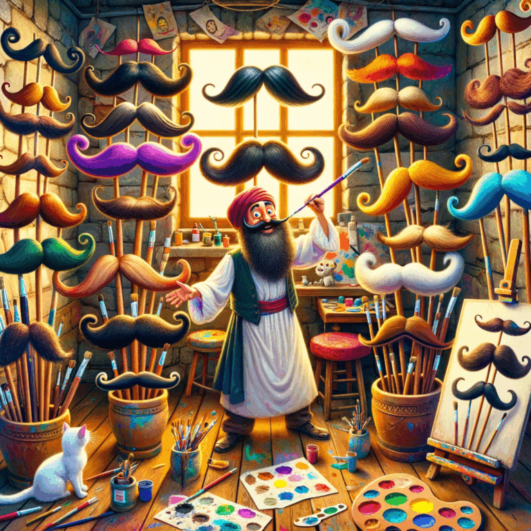 Artista pintando un lienzo usando un bigote como pincel
