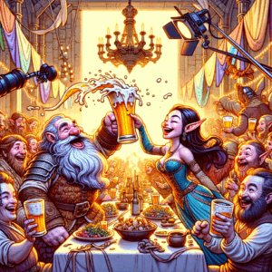 Gimli levantando una jarra de cerveza en una escena de celebración en "El Señor de los Anillos"