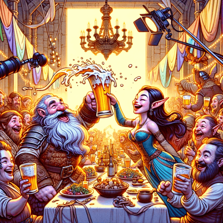 Gimli levantando una jarra de cerveza en una escena de celebración en "El Señor de los Anillos"