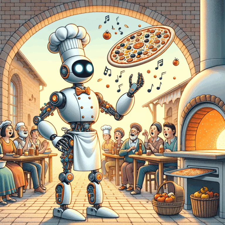 Robot preparando una pizza en una cocina moderna con ingredientes frescos