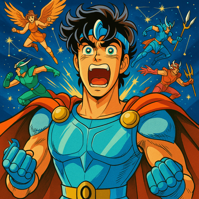 Seiya con expresión exagerada de sorpresa en una escena de "Los Caballeros del Zodiaco"