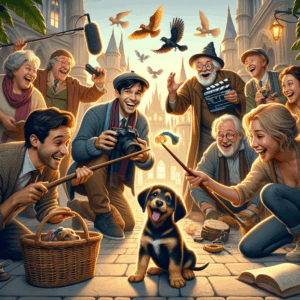 Cachorro juguetón entre actores vestidos de magos en un set de película mágica