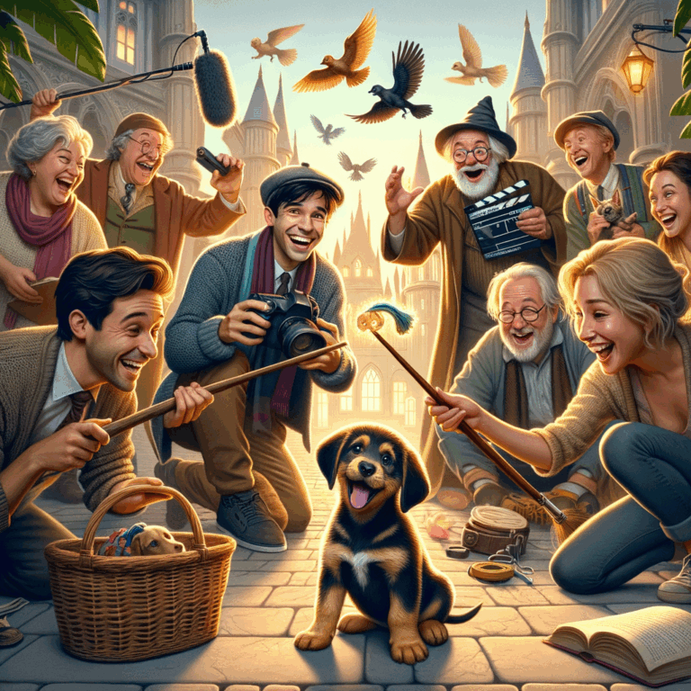 Cachorro juguetón entre actores vestidos de magos en un set de película mágica