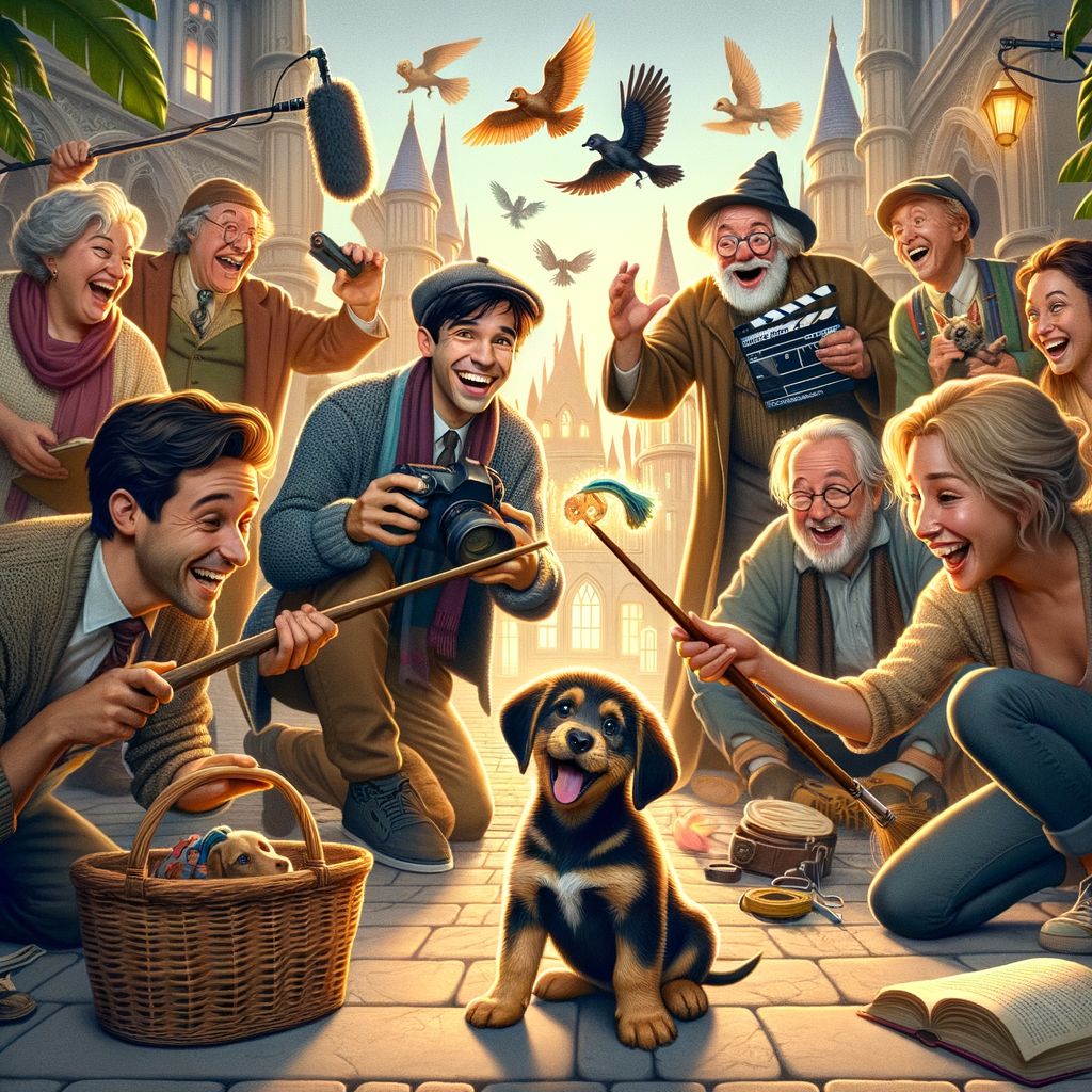 Cachorro juguetón entre actores vestidos de magos en un set de película mágica
