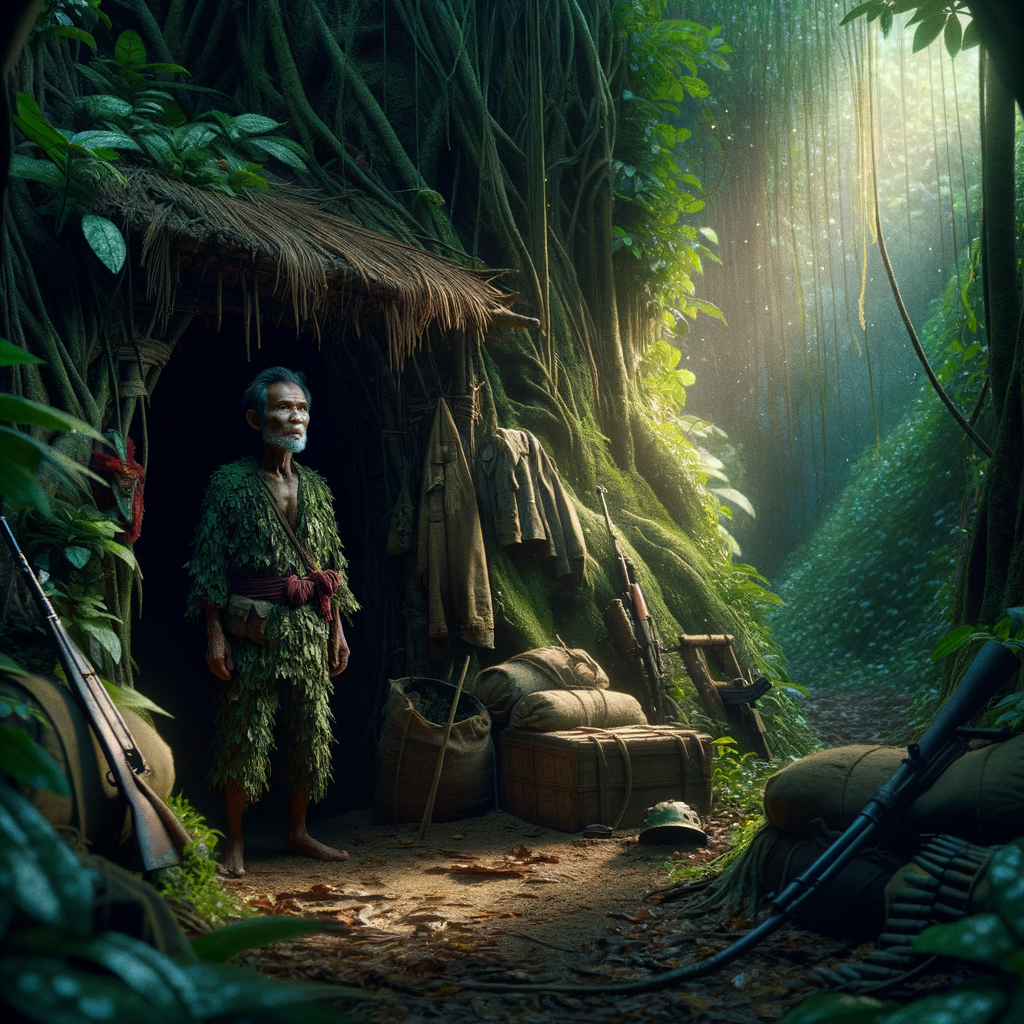 Soldado japonés escondido en la selva de Guam con uniforme desgastado