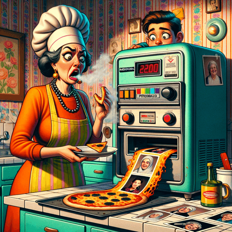 Cocinero confundido con pizza caliente y fotos quemadas saliendo de un microondas fotográfico en una cocina de los 80