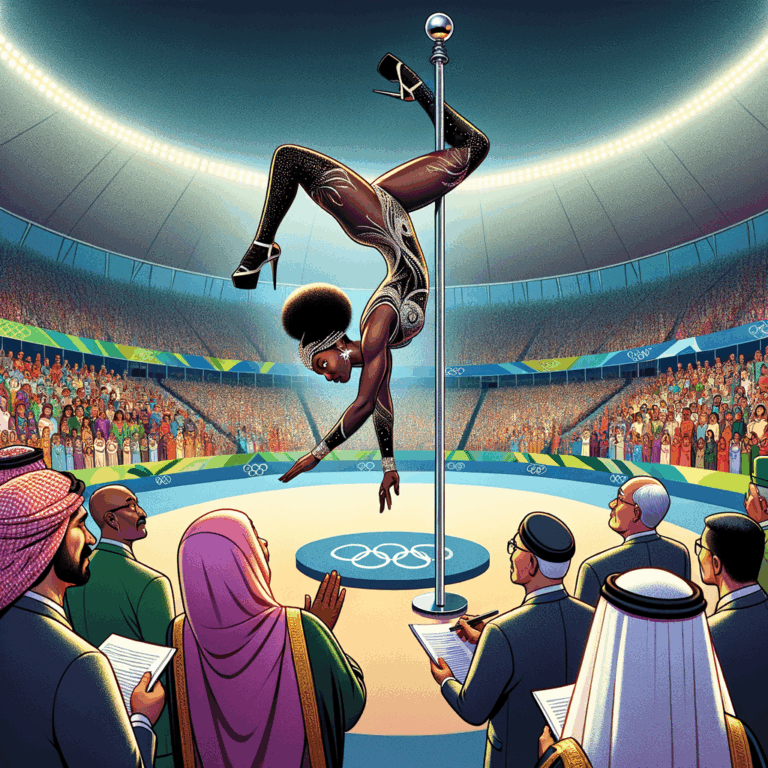 Atleta de pole dance realizando una rutina impresionante en un estadio olímpico lleno de espectadores asombrados