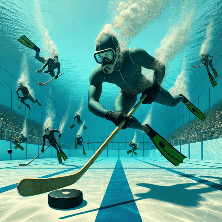 Hockey bajo el agua: donde el puck flota y los gritos callan 🏊♂️🏒 1 Jugadores de hockey subacuático compitiendo en una piscina mientras espectadores observan desde fuera del agua