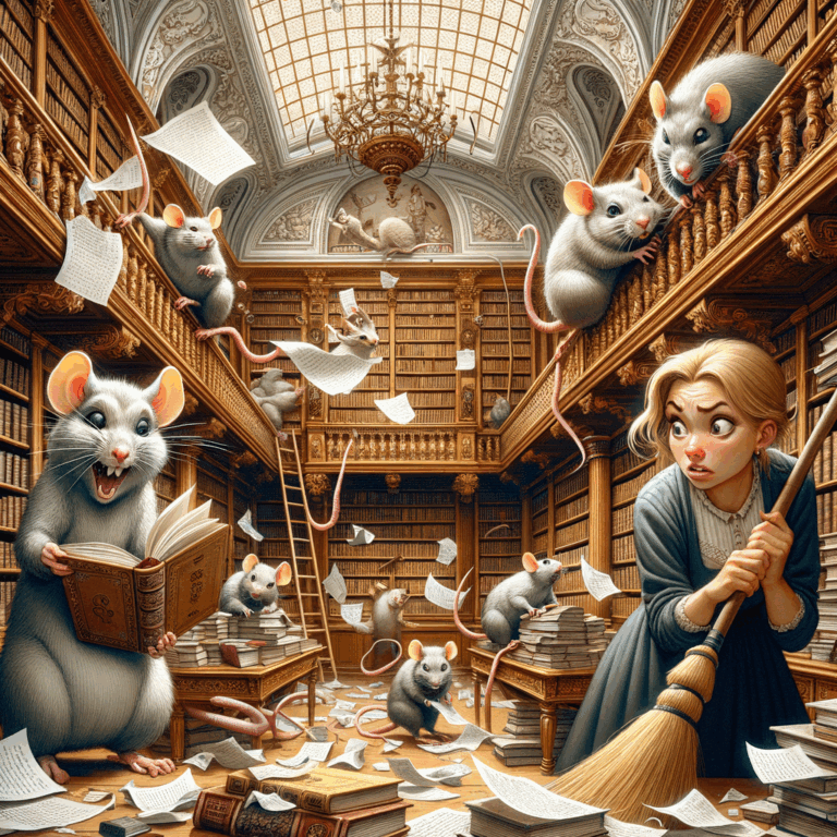 Ratones mordisqueando libros en una biblioteca del siglo XVIII mientras un bibliotecario frustrado intenta ahuyentarlos