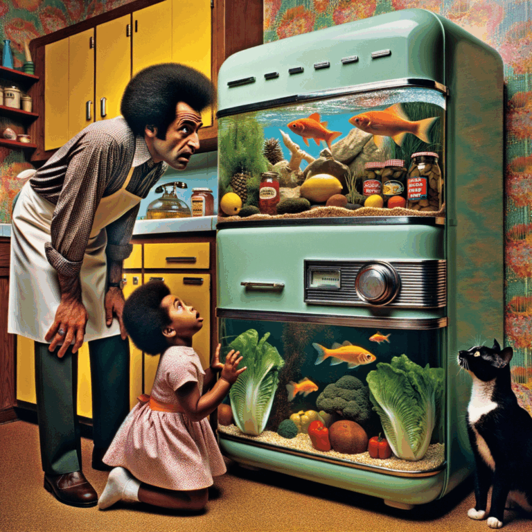 Cocinero confundido mirando una nevera acuario con peces nadando junto a alimentos en una cocina retro