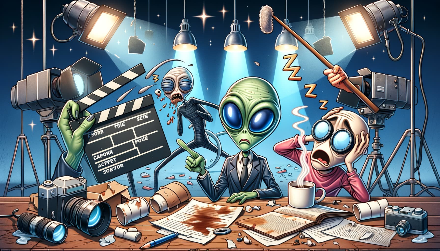 Cámara de cine filmando una escena con actores en un set lleno de utilería inesperada