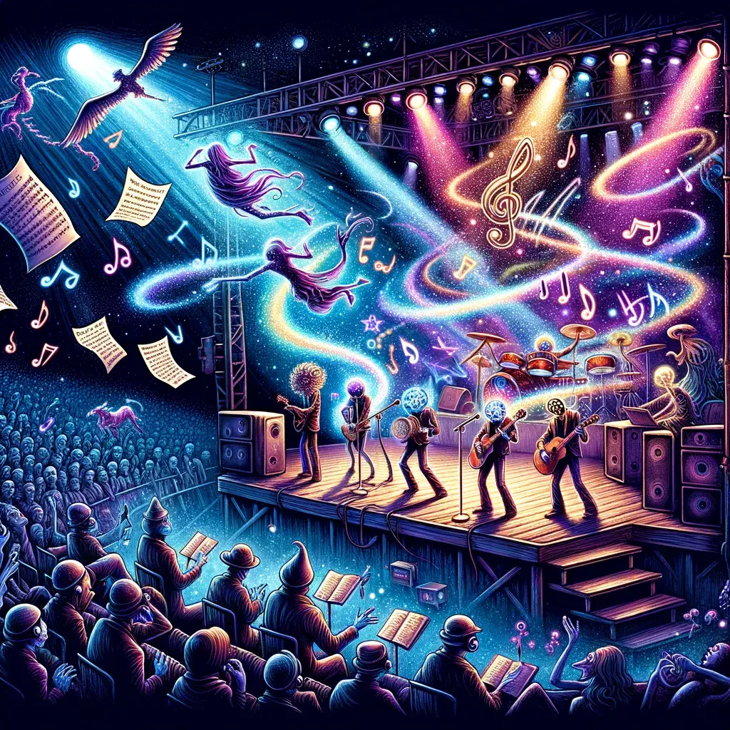 Músicos tocando instrumentos desafinados en un escenario lleno de luces y público sorprendido