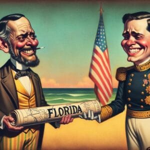 Mapa antiguo de Florida con firmas de acuerdos en un escritorio de negociación