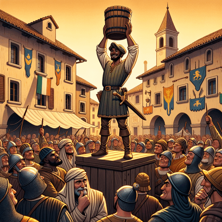 Soldado de Módena sosteniendo un cubo triunfalmente en una plaza medieval llena de soldados sorprendidos