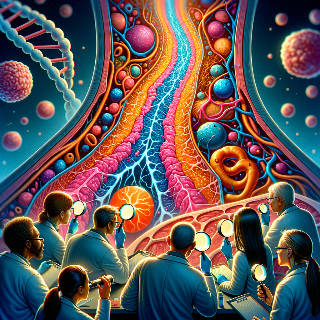 Científicos observando el intersticio, un órgano brillante en un cuerpo humano, rodeados de ADN y células