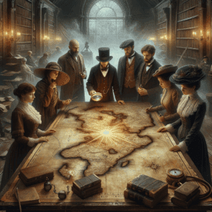 Historiadores examinando un mapa antiguo de Tannu Tuvá en una biblioteca llena de libros y artefactos históricos