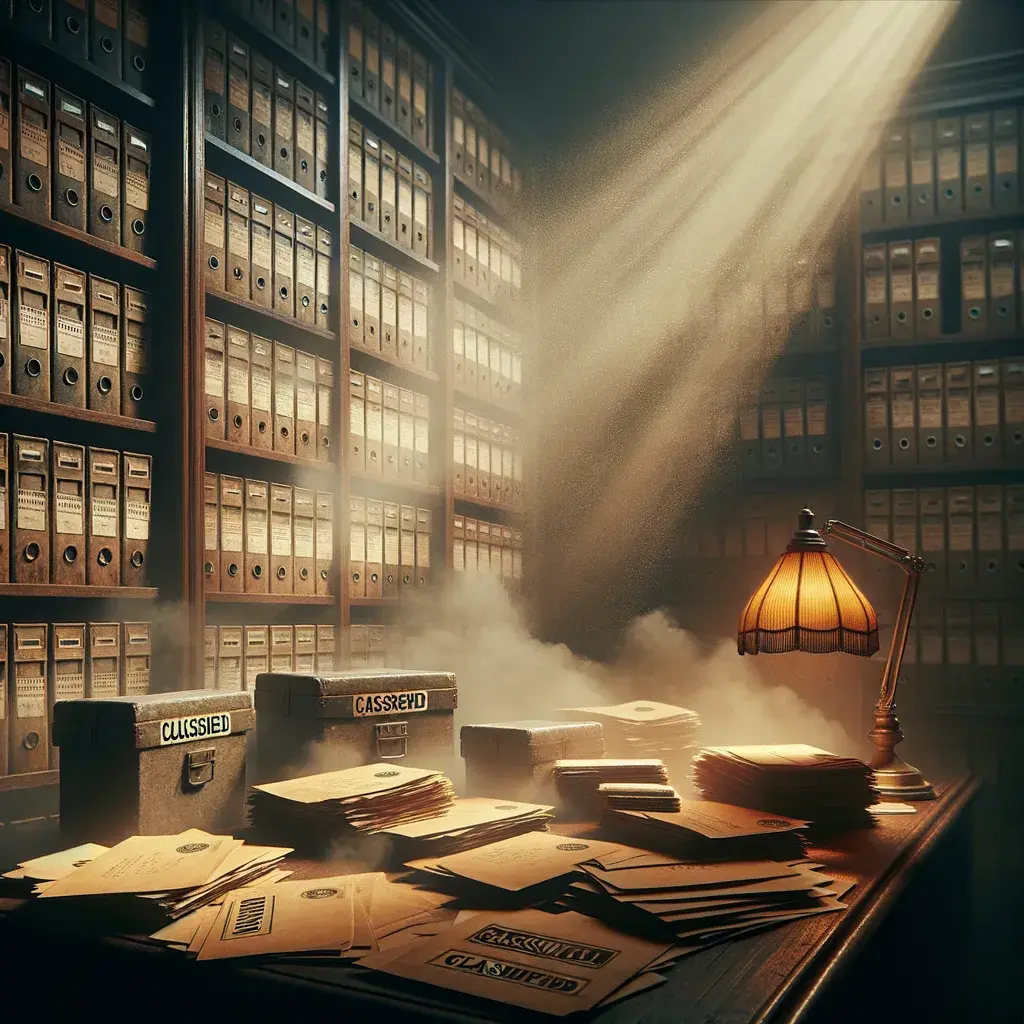 Carpeta con documentos clasificados y papeles secretos en un archivo oscuro
