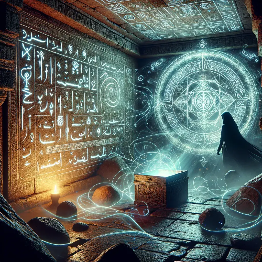 Cámara antigua oculta con artefactos misteriosos y símbolos iluminados