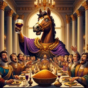 Caballo con laurel dorado en la cabeza se sienta en la cabecera de una mesa rodeado de nobles romanos asombrados.