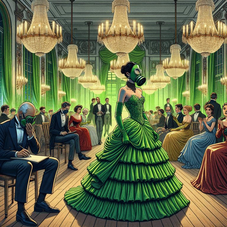 modelo con vestido verde arsénico en un salón del siglo XIX mientras asistentes cubren sus rostros y un crítico usa una máscara antigás