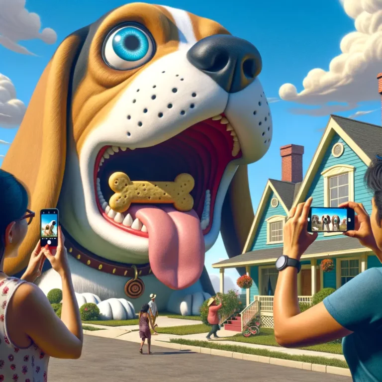 dos turistas observan asombrados una enorme casa con forma de beagle, con su cola moviéndose y un interior decorado con temática canina