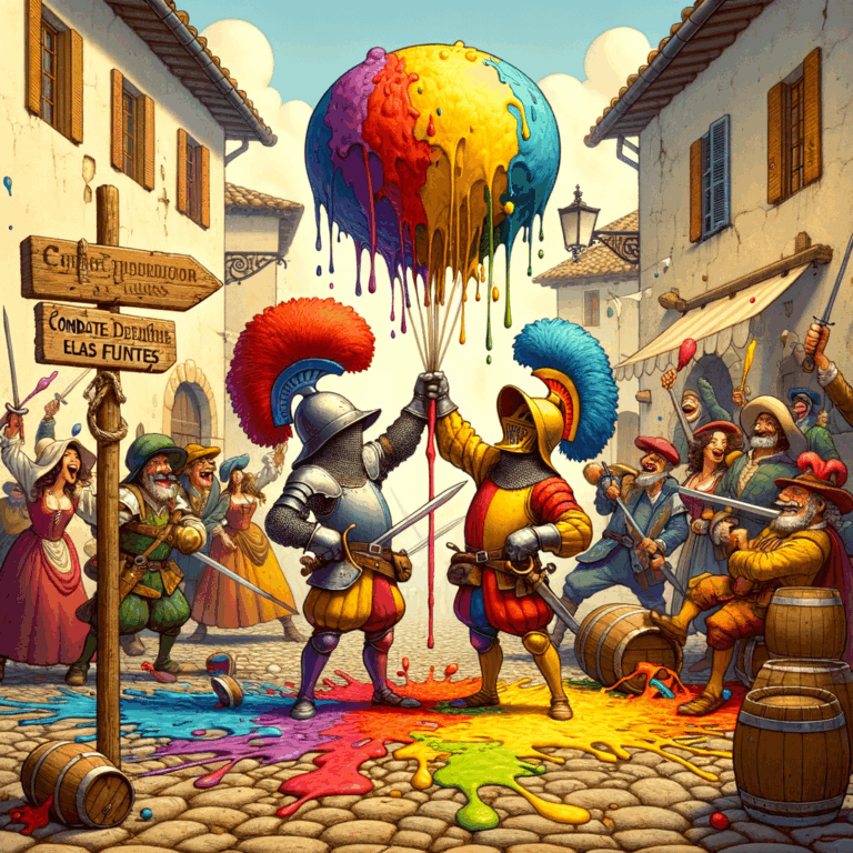 soldados medievales con globos de pintura se preparan para una batalla colorida en una plaza italiana mientras espectadores ríen y un cartel dice "Combate de las Fuentes"