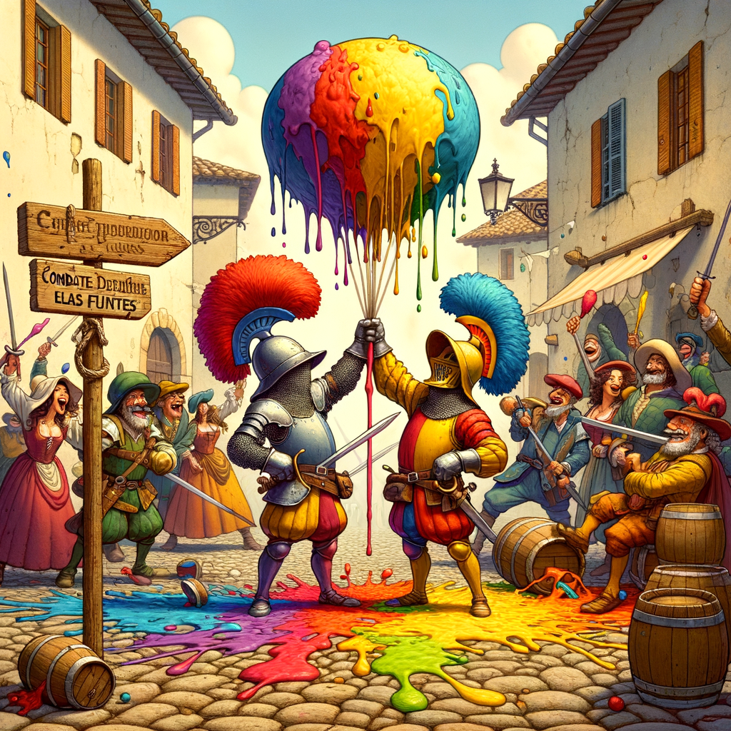 soldados medievales con globos de pintura se preparan para una batalla colorida en una plaza italiana mientras espectadores ríen y un cartel dice "Combate de las Fuentes"