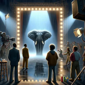 Elefante con trompa levantada bajo lluvia artificial en un set de filmación de los años 80, rodeado de equipo de producción sorprendido.