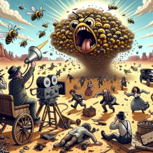 director con megáfono grita mientras actores en trajes de época huyen de un enjambre de abejas caricaturesco en un set de cine desértico