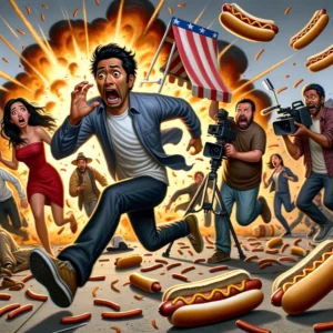 actor sosteniendo un pan de hot dog como arma mientras corre en un set de película, rodeado de equipo de filmación sorprendido y un carrito volcado detrás