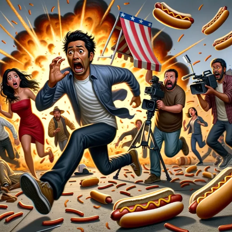 actor sosteniendo un pan de hot dog como arma mientras corre en un set de película, rodeado de equipo de filmación sorprendido y un carrito volcado detrás