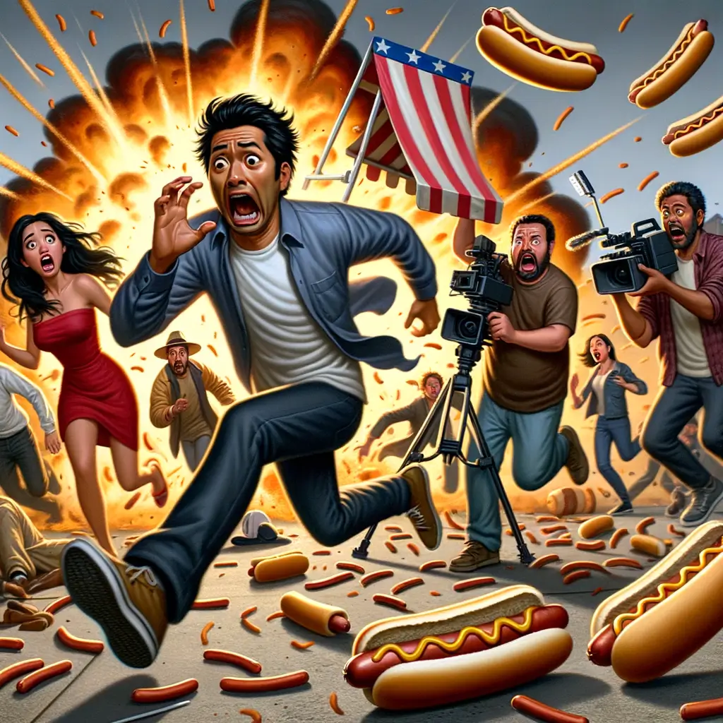 actor sosteniendo un pan de hot dog como arma mientras corre en un set de película, rodeado de equipo de filmación sorprendido y un carrito volcado detrás
