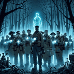científicos con equipos retroiluminados por linternas azules observan un soldado espectral de la Segunda Guerra Mundial en un bosque brumoso de Essex