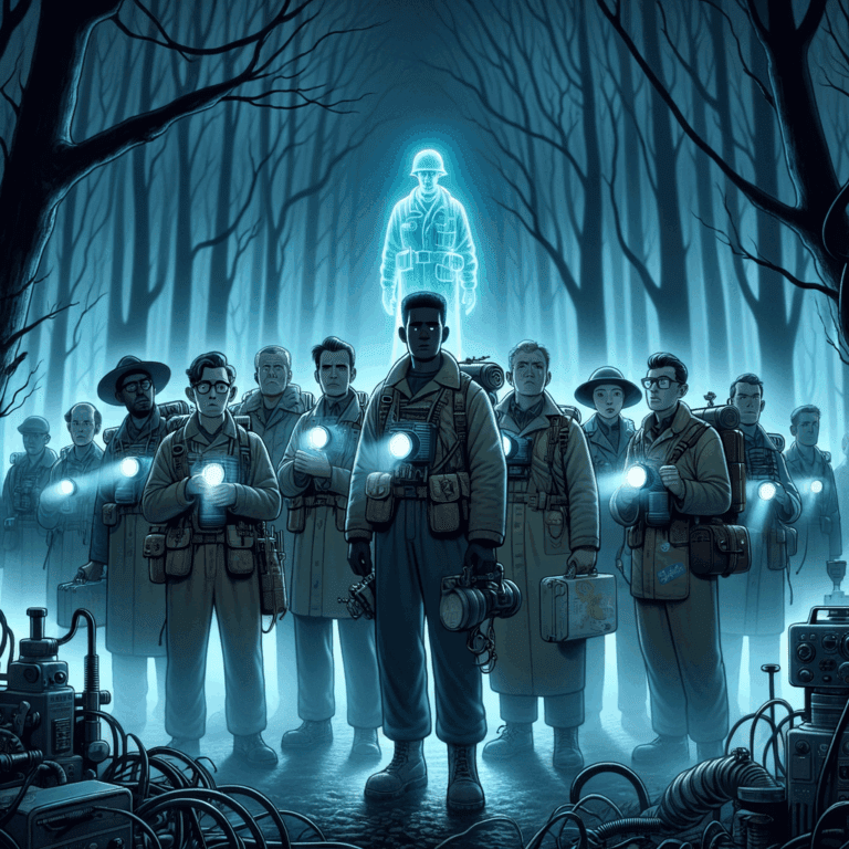 científicos con equipos retroiluminados por linternas azules observan un soldado espectral de la Segunda Guerra Mundial en un bosque brumoso de Essex